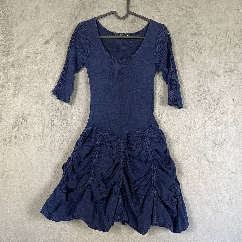 Giocam Blue Embroidered Ruched Tiered Dress XXS Boho